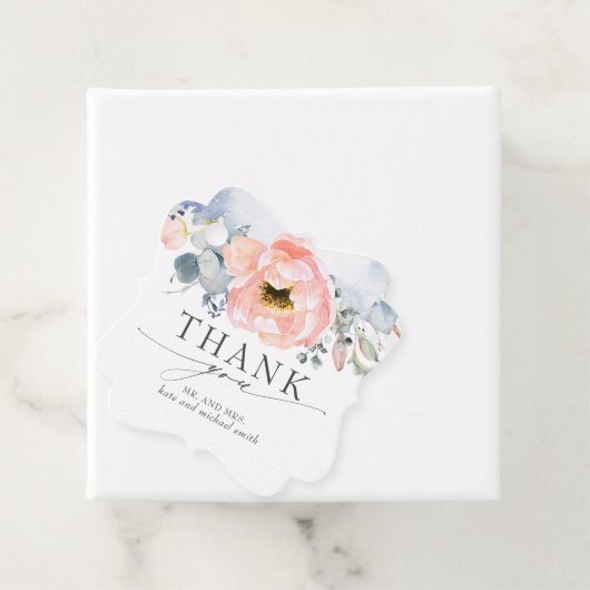 Perzik Bloem Stoffig Blauw Bruiloft Dank u Bedankjes Labels (In situ)