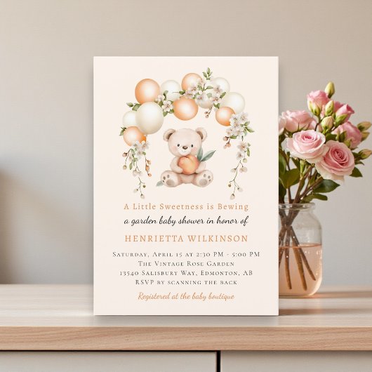 Perzik Bloem Teddybeer Babyshower Uitnodiging