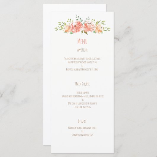 Perzik bloem waterverf bruiloft menu (Voorkant / Achterkant)
