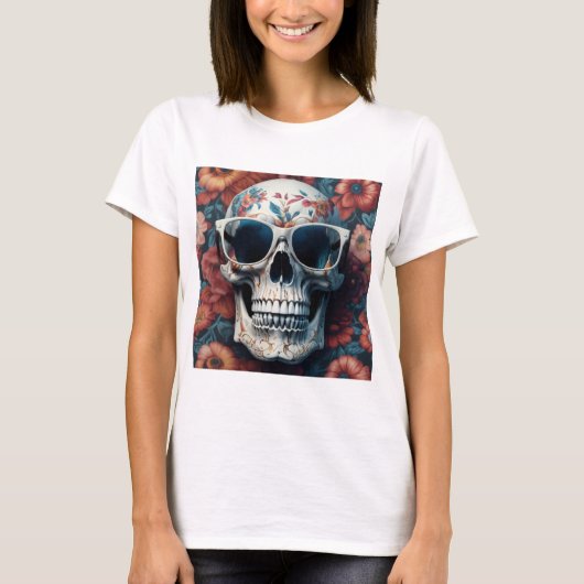 Perzik Bloemen 3D Dode schedel dragen zonnebril T-shirt (Voorkant)