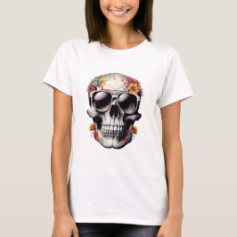 Perzik Bloemen 3D Dode schedel dragen zonnebril T-shirt