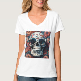 Perzik Bloemen 3D Dode schedel dragen zonnebril T-shirt