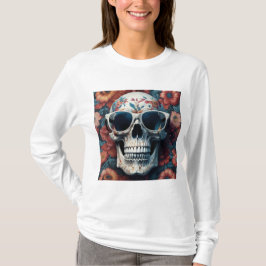 Perzik Bloemen 3D Dode schedel dragen zonnebril T-shirt