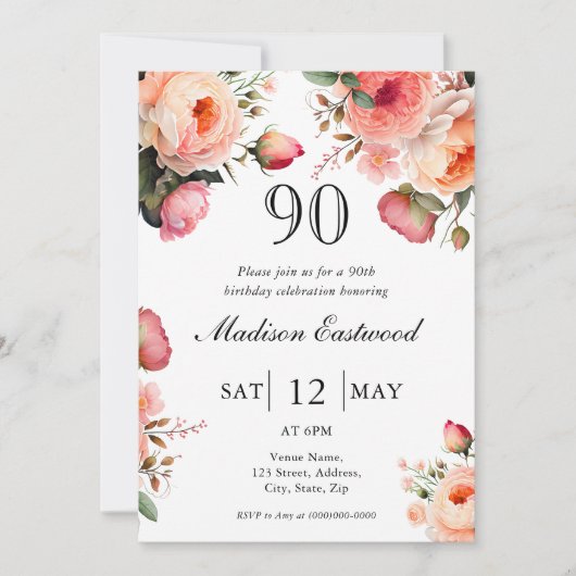 Perzik Bloemen 90ste Verjaardag Uitnodiging (Voorkant)