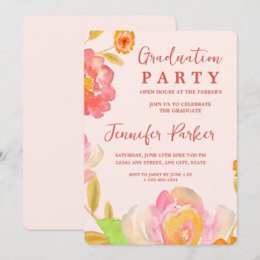  perzik bloemen afstudeerfeest uitnodiging (Voorkant / Achterkant)