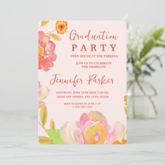  perzik bloemen afstudeerfeest uitnodiging (Staand voorkant)