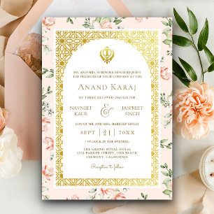 Perzik Bloemen Anand Karaj Punjabi Sikh Bruiloft Kaart
