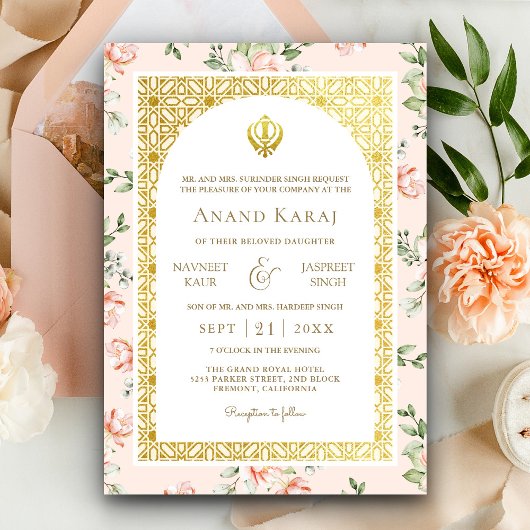 Perzik Bloemen Anand Karaj Punjabi Sikh Bruiloft Kaart