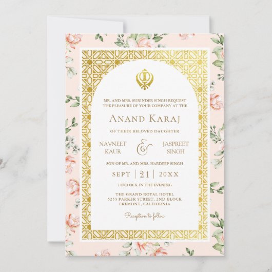 Perzik Bloemen Anand Karaj Punjabi Sikh Bruiloft Kaart (Voorkant)