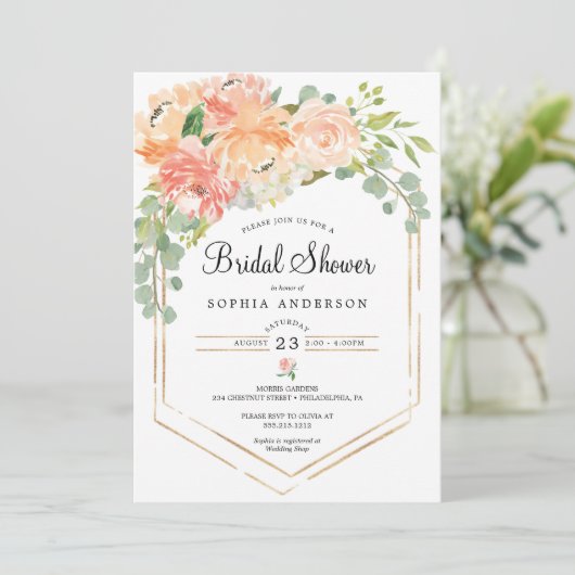 Perzik Bloemen Bruids Douche Uitnodiging (Staand voorkant)