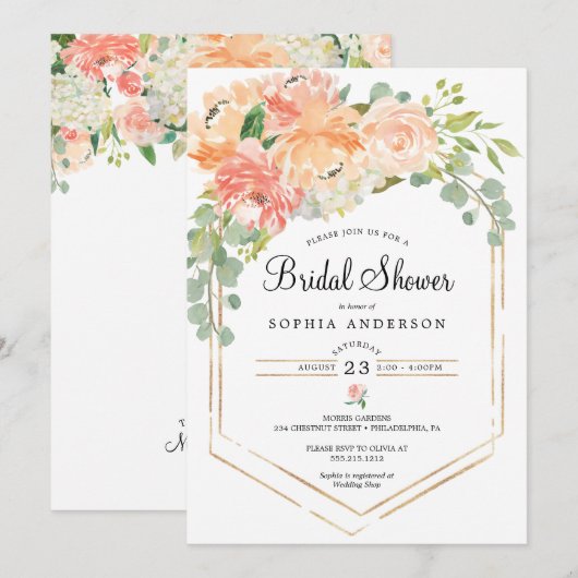 Perzik Bloemen Bruids Douche Uitnodiging (Voorkant / Achterkant)