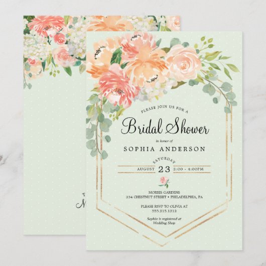 Perzik Bloemen Bruids Douche Uitnodiging (Voorkant / Achterkant)