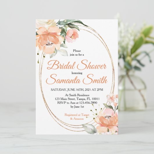 Perzik Bloemen Bruids Douche Uitnodiging (Staand voorkant)