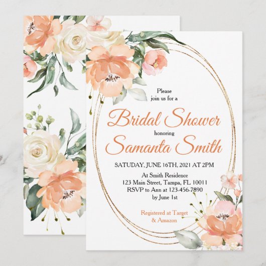 Perzik Bloemen Bruids Douche Uitnodiging (Voorkant / Achterkant)