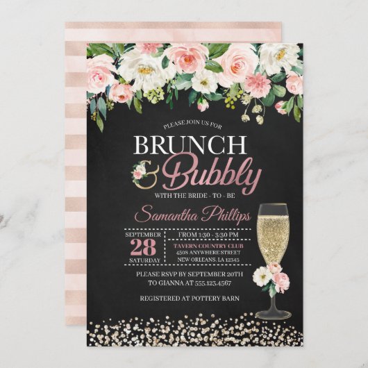 Perzik Bloemen Bruids Douche Uitnodiging - Donker (Voorkant / Achterkant)