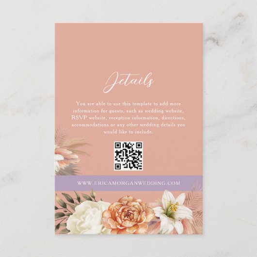 Perzik Bloemen Bruiloft Details QR Code Kaart (Voorkant)
