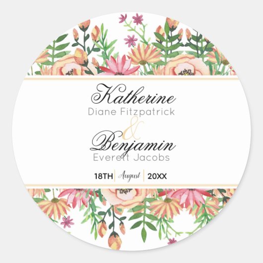 Perzik Bloemen Bruiloft Ronde Sticker (Voorkant)