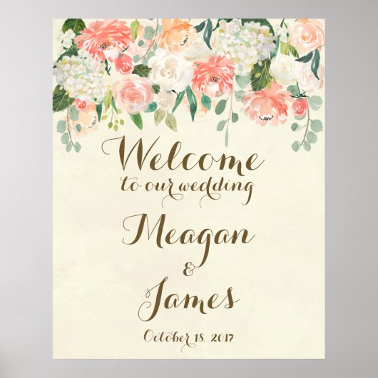 perzik bloemen bruiloft welkom poster bord (Voorkant)