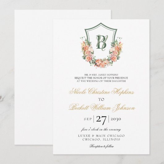 Perzik Bloemen Crest Bruiloft Kaart (Voorkant / Achterkant)