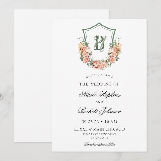 Perzik Bloemen Crest Bruiloft Kaart (Voorkant / Achterkant)