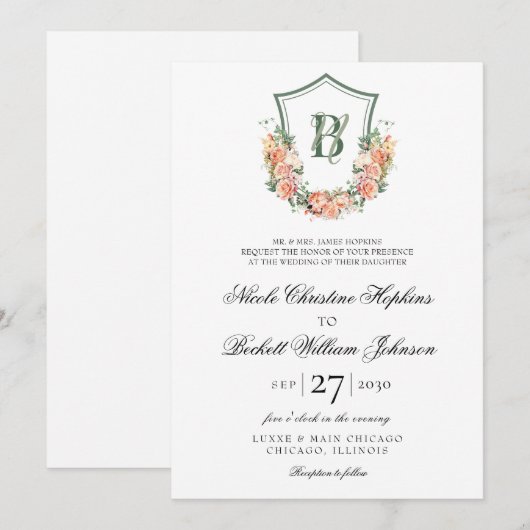 Perzik Bloemen Crest Bruiloft Kaart (Voorkant / Achterkant)