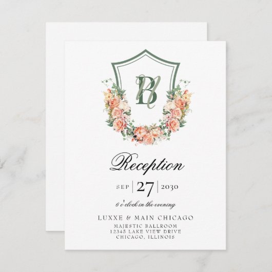 Perzik Bloemen Crest Bruiloft Receptie Informatiekaartje (Voorkant / Achterkant)