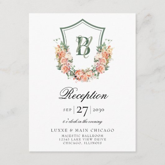 Perzik Bloemen Crest Bruiloft Receptie Informatiekaartje (Voorkant)