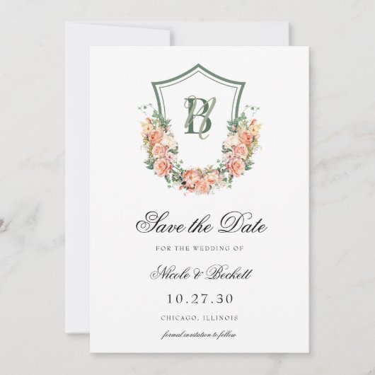Perzik Bloemen Crest Bruiloft Save The Date (Voorkant)