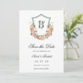 Perzik Bloemen Crest Bruiloft Save The Date (Staand voorkant)