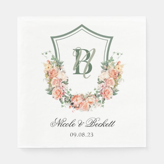 Perzik Bloemen Crest Bruiloft Servet (Voorkant)