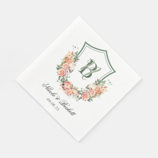 Perzik Bloemen Crest Bruiloft Servet (Hoek)