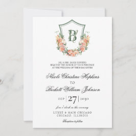 Perzik Bloemen Crest Trouwfeest Kaart