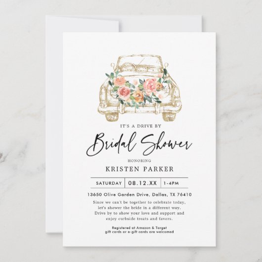 Perzik Bloemen Drive door Bruids Douche Uitnodigin Kaart (Voorkant)