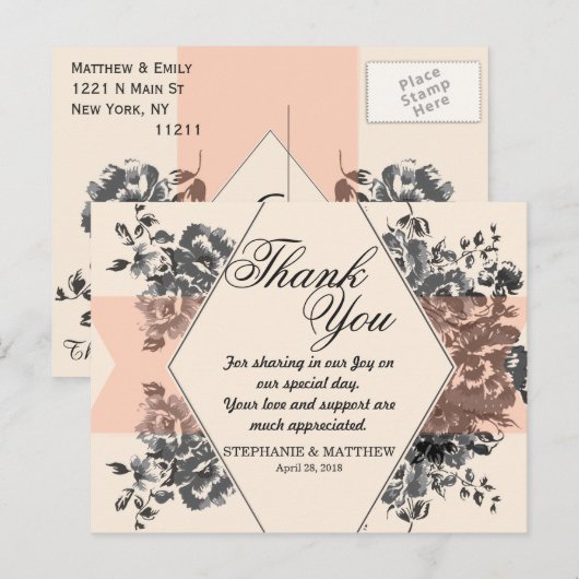 Perzik  Bloemen en Streep Briefkaart (Voorkant / Achterkant)