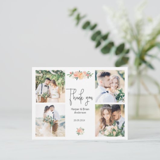 perzik Bloemen Foto bruiloft Dank u Briefkaart (Staand voorkant)