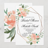 Perzik Bloemen Geometrische Bruids Douche Uitnodig Kaart (Voorkant / Achterkant)