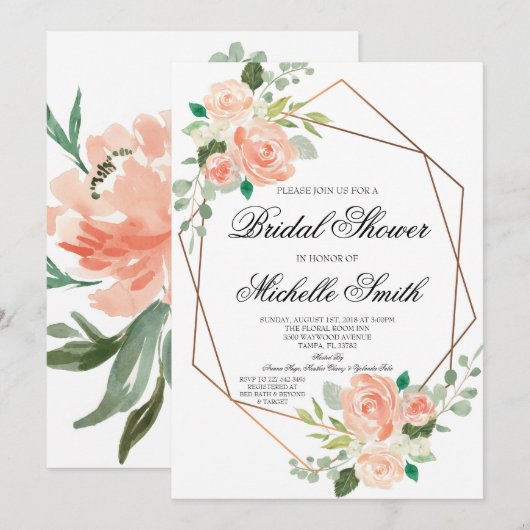 Perzik Bloemen Geometrische Bruids Douche Uitnodig Kaart (Voorkant / Achterkant)