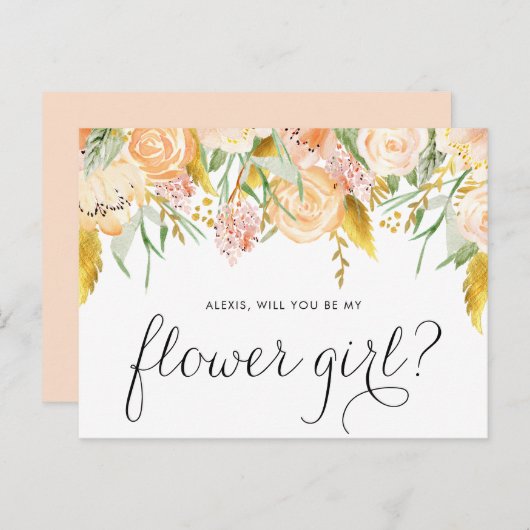 Perzik Bloemen Goud Folie Wil Je Mijn Bloemenmeisj Uitnodiging Briefkaart (Voorkant / Achterkant)