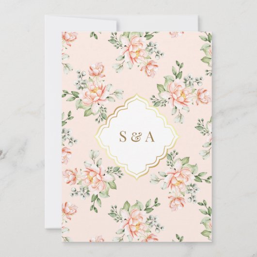 Perzik Bloemen Gouden Boog Moslim Bruiloft Kaart (Achterkant)