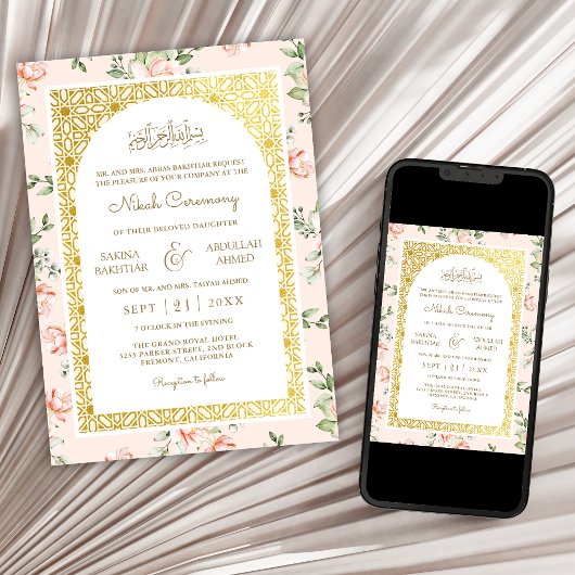 Perzik Bloemen Gouden Boog Moslim Bruiloft Kaart