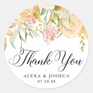 Perzik Bloemen Gouden Folie Blad Bruiloft Dank u Ronde Sticker