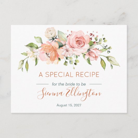 Perzik bloemen & groen, bruidsfeest recept briefkaart (Voorkant)