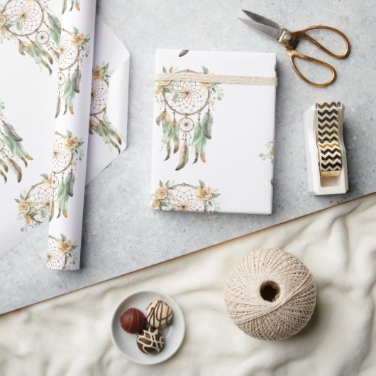 Perzik Bloemen Groene Droomvanger Verjaardag Cadeaupapier (Crafts)