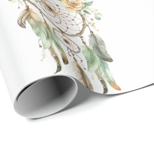 Perzik Bloemen Groene Droomvanger Verjaardag Cadeaupapier (Rol Hoek)