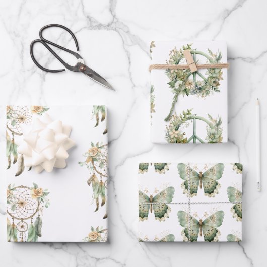 Perzik Bloemen Groene Droomvanger Verjaardag Inpakpapier Vel (Voorkant)