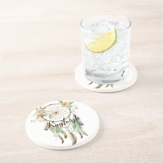 Perzik Bloemen Groene Droomvanger Zandsteen Onderzetter (Zijkant)