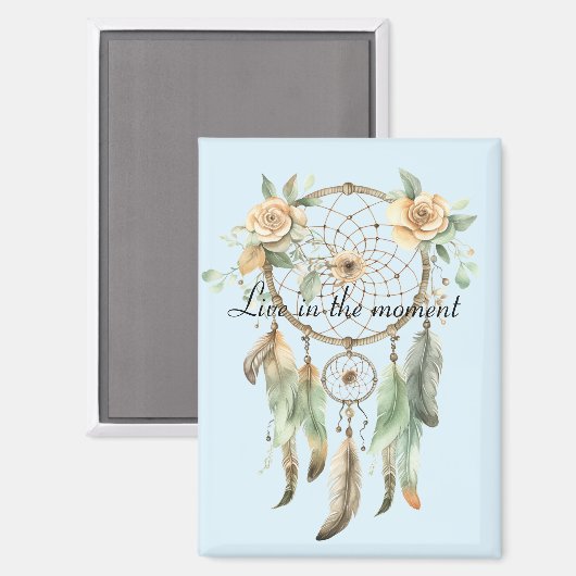 Perzik Bloemen Groene Veren Droomvanger Magneet (Voorkant / Achterkant)