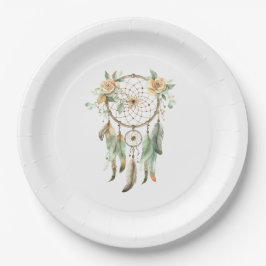 Perzik Bloemen Groene Veren Droomvanger Verjaardag Papieren Bordje