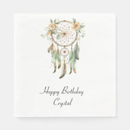 Perzik Bloemen Groene Veren Droomvanger Verjaardag Servet
