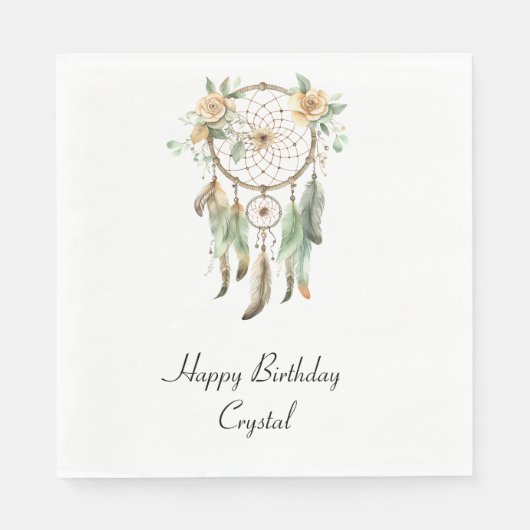 Perzik Bloemen Groene Veren Droomvanger Verjaardag Servet (Voorkant)